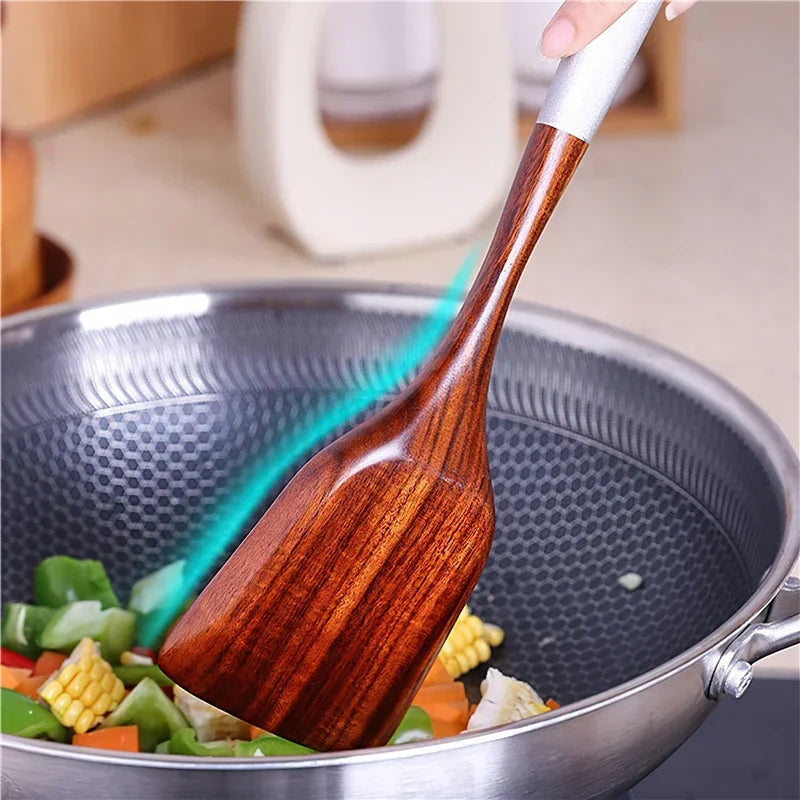 Solid teak wood rice scoop and spatula set for eco-friendly, stylish kitchen cooking and serving.