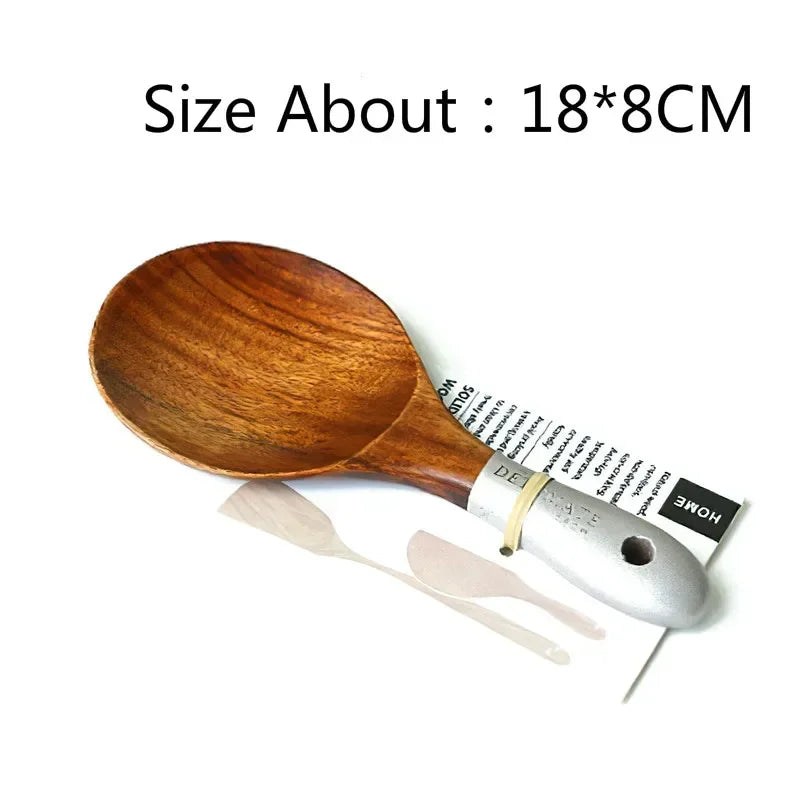 Solid teak wood rice scoop and spatula set for eco-friendly, stylish kitchen cooking and serving.