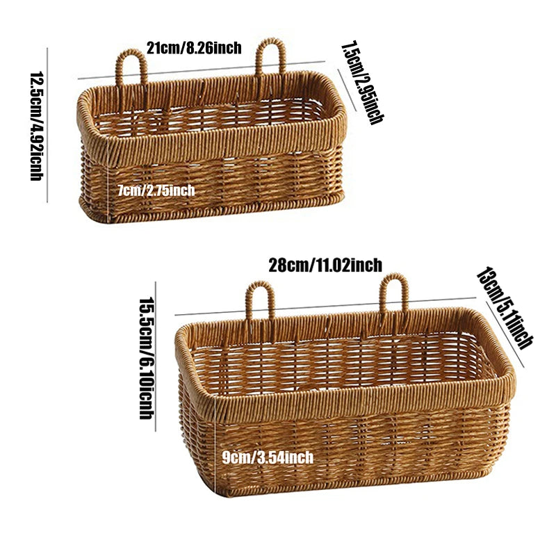 Two wicker baskets with dimensions labeled on a white background