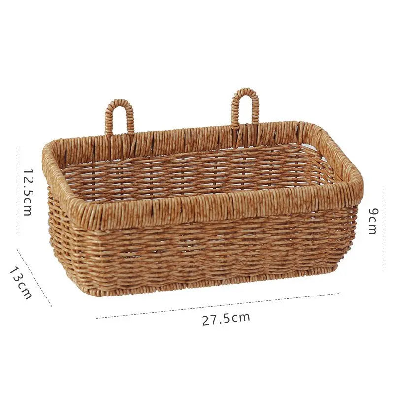Wicker basket with handles and dimensions on a white background