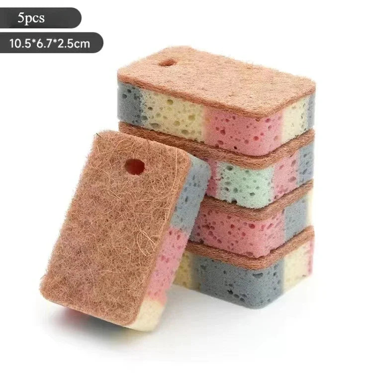 Stack of colorful sponges on a white background