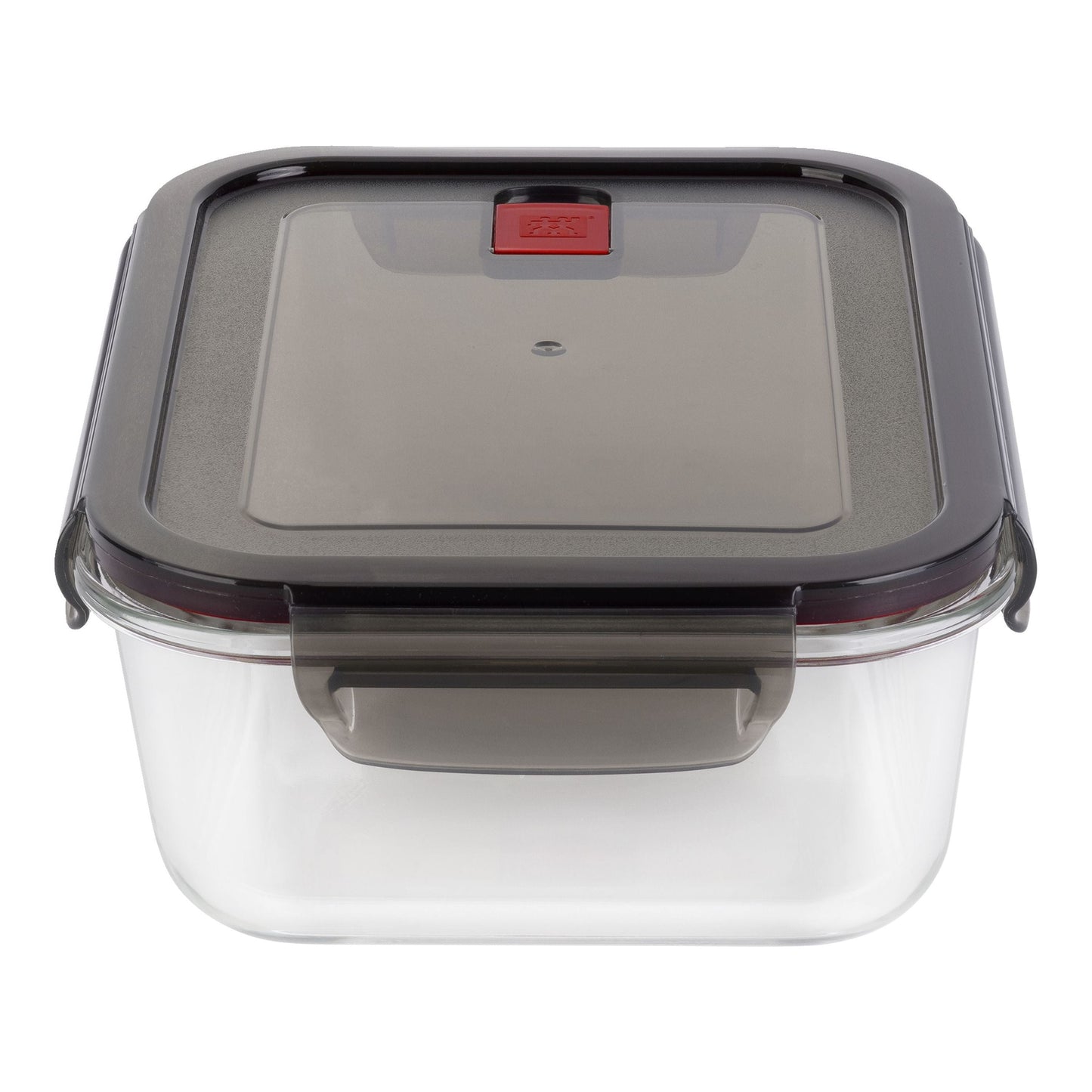 Clear food storage container with a dark gray lid on a white background