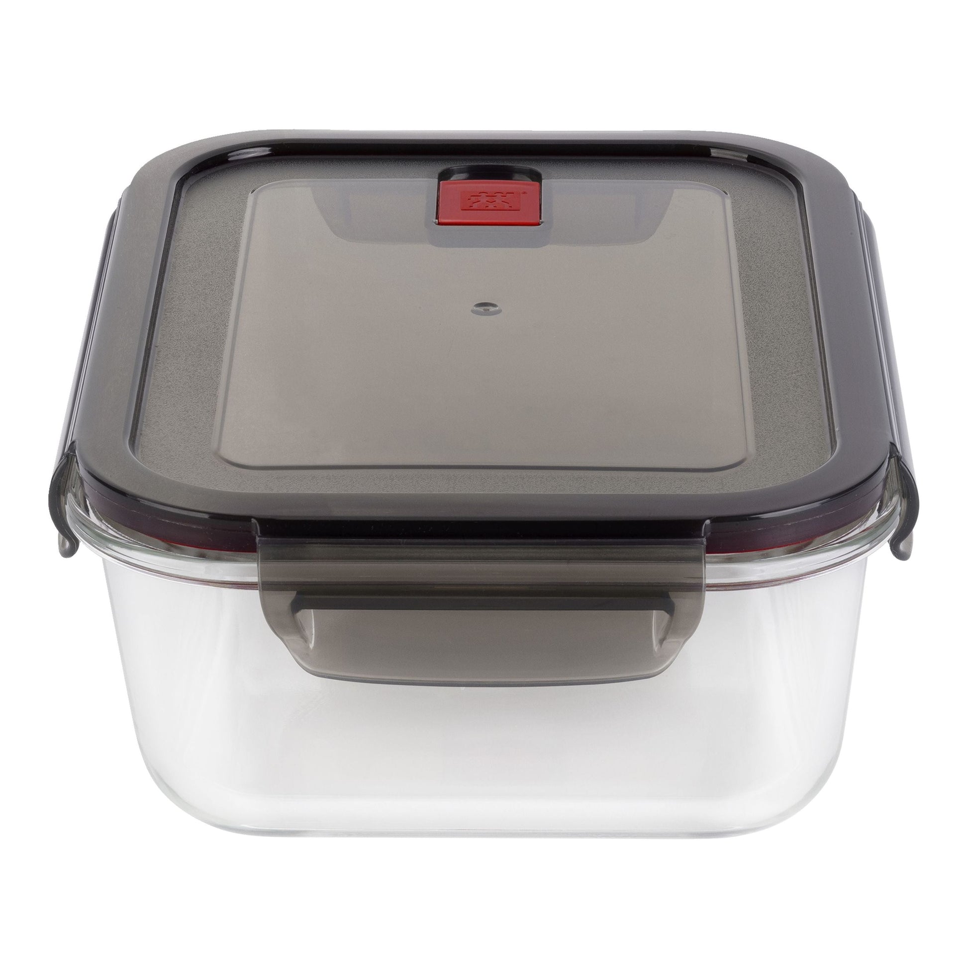 Clear food storage container with a dark gray lid on a white background