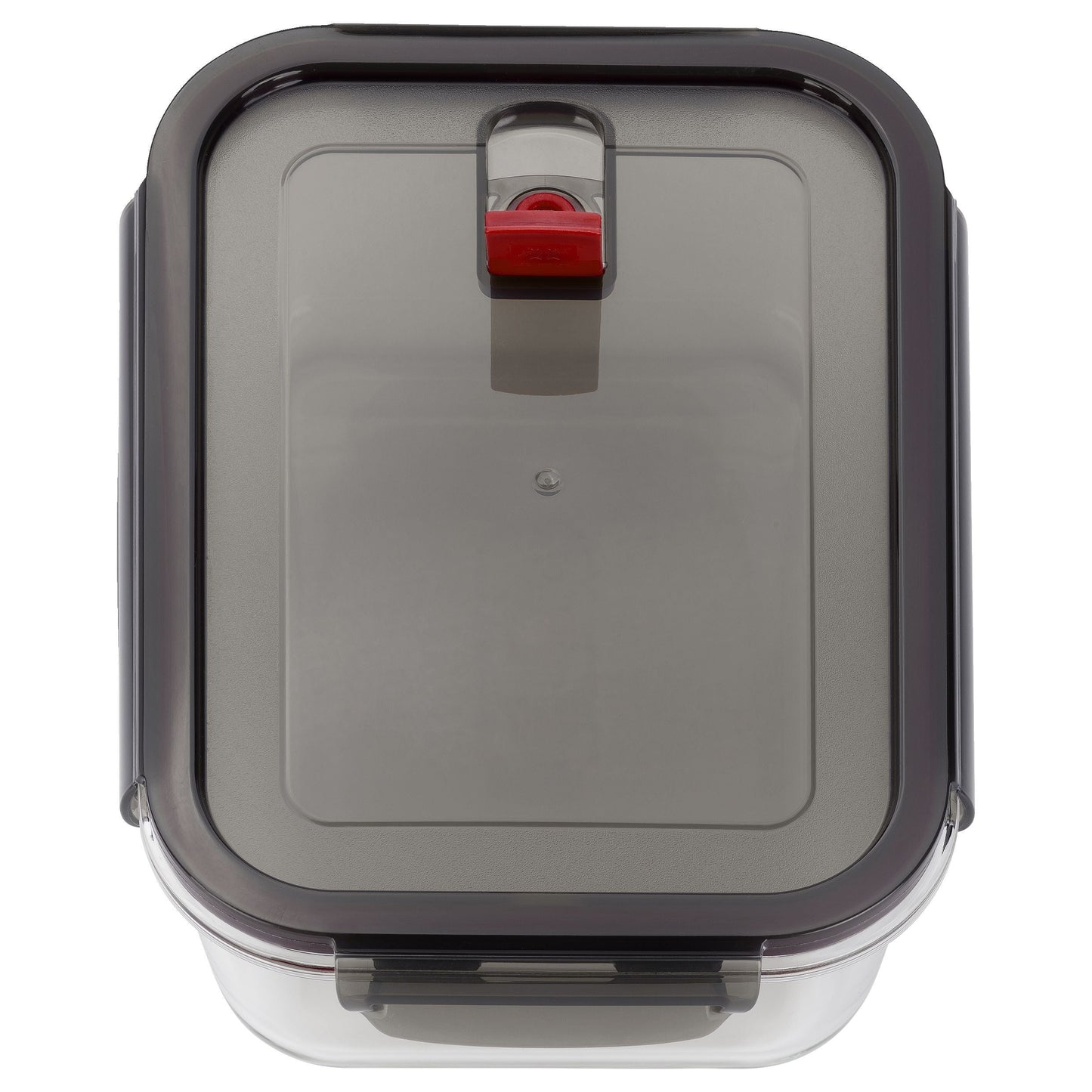Clear food storage container with a gray lid on a white background