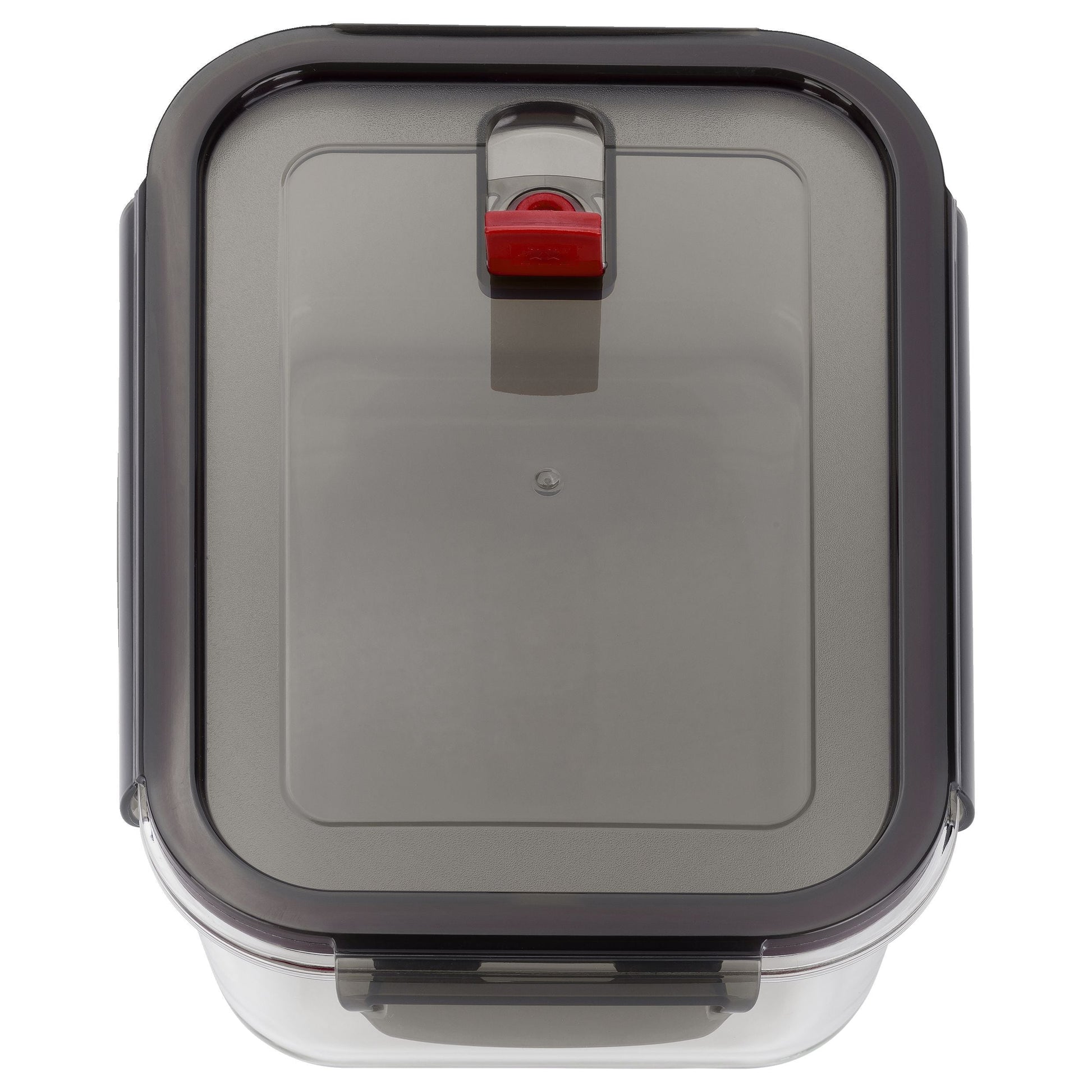 Clear food storage container with a gray lid on a white background
