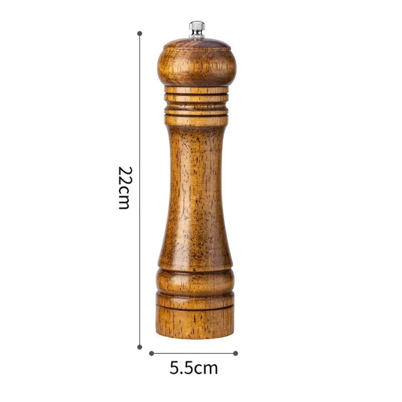 Wooden pepper grinder with dimensions on a white background