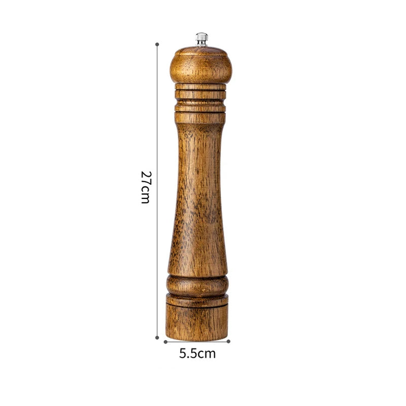 Wooden pepper mill with measurements on a white background