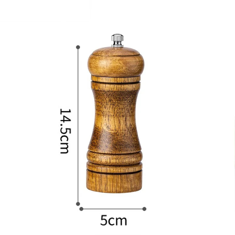 Wooden pepper mill with dimensions on a white background