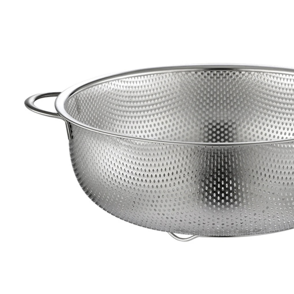 Stainless steel fine mesh strainer and colander set with handles and resting base for kitchen drainage and rinsing tasks.