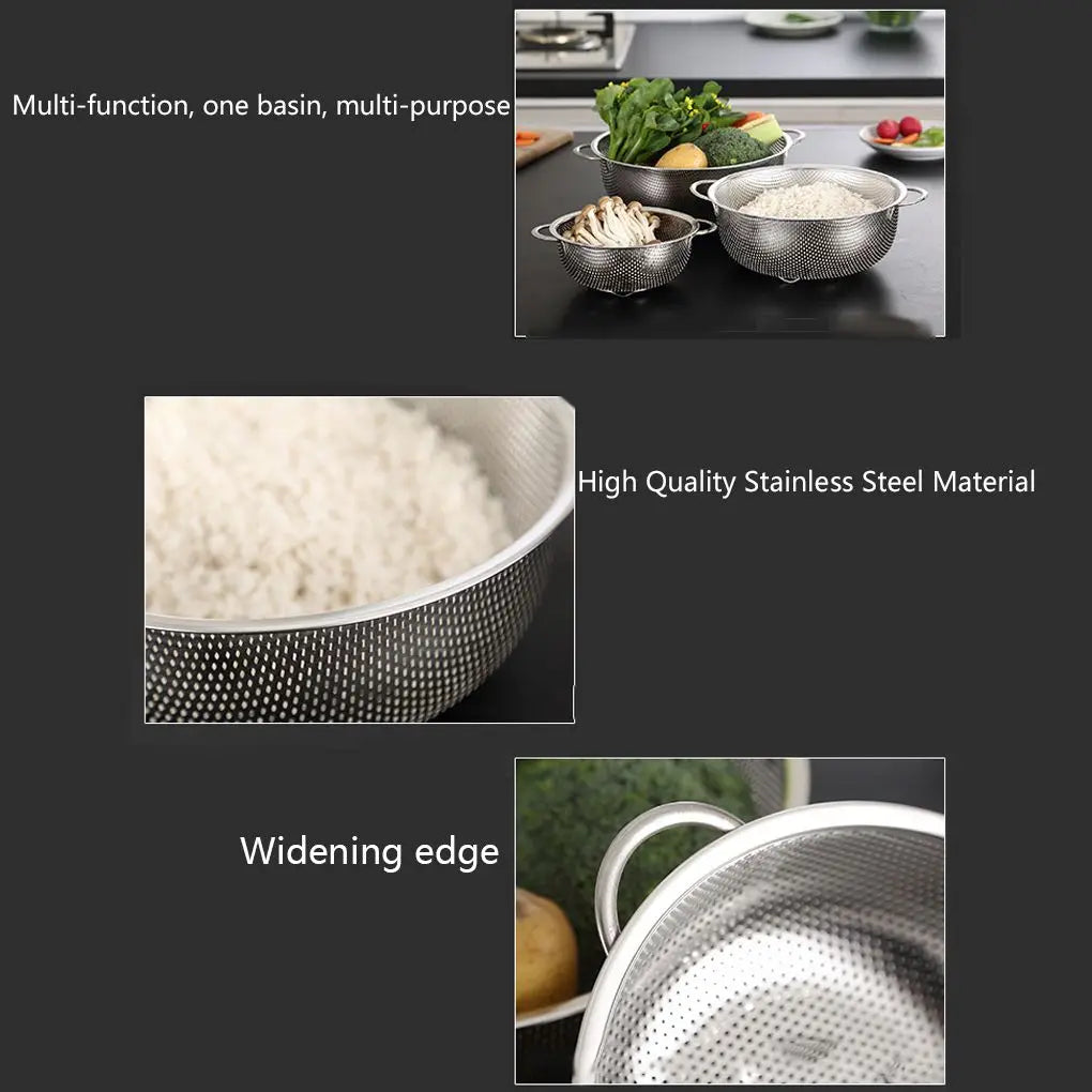 Stainless steel fine mesh strainer and colander set with handles and resting base for kitchen drainage and rinsing tasks.