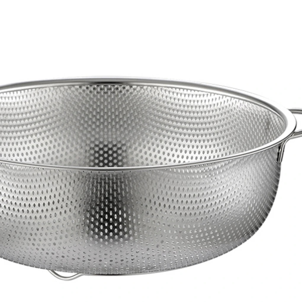 Stainless steel fine mesh strainer and colander set with handles and resting base for kitchen drainage and rinsing tasks.