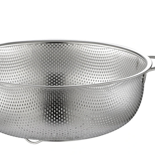 Stainless steel fine mesh strainer and colander set with handles and resting base for kitchen drainage and rinsing tasks.