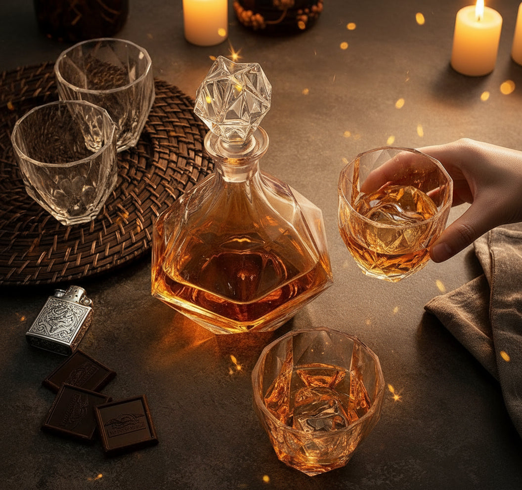 Exquisite Diamond Design Decanter Set * Elegant Whiskey & Bourbon Glass Gift Set (32oz) made from lead-free glass.