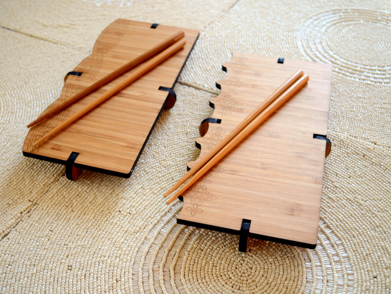 Engraved Bamboo Sushi Board with chopsticks These boards are made of three pieces that slot together. 