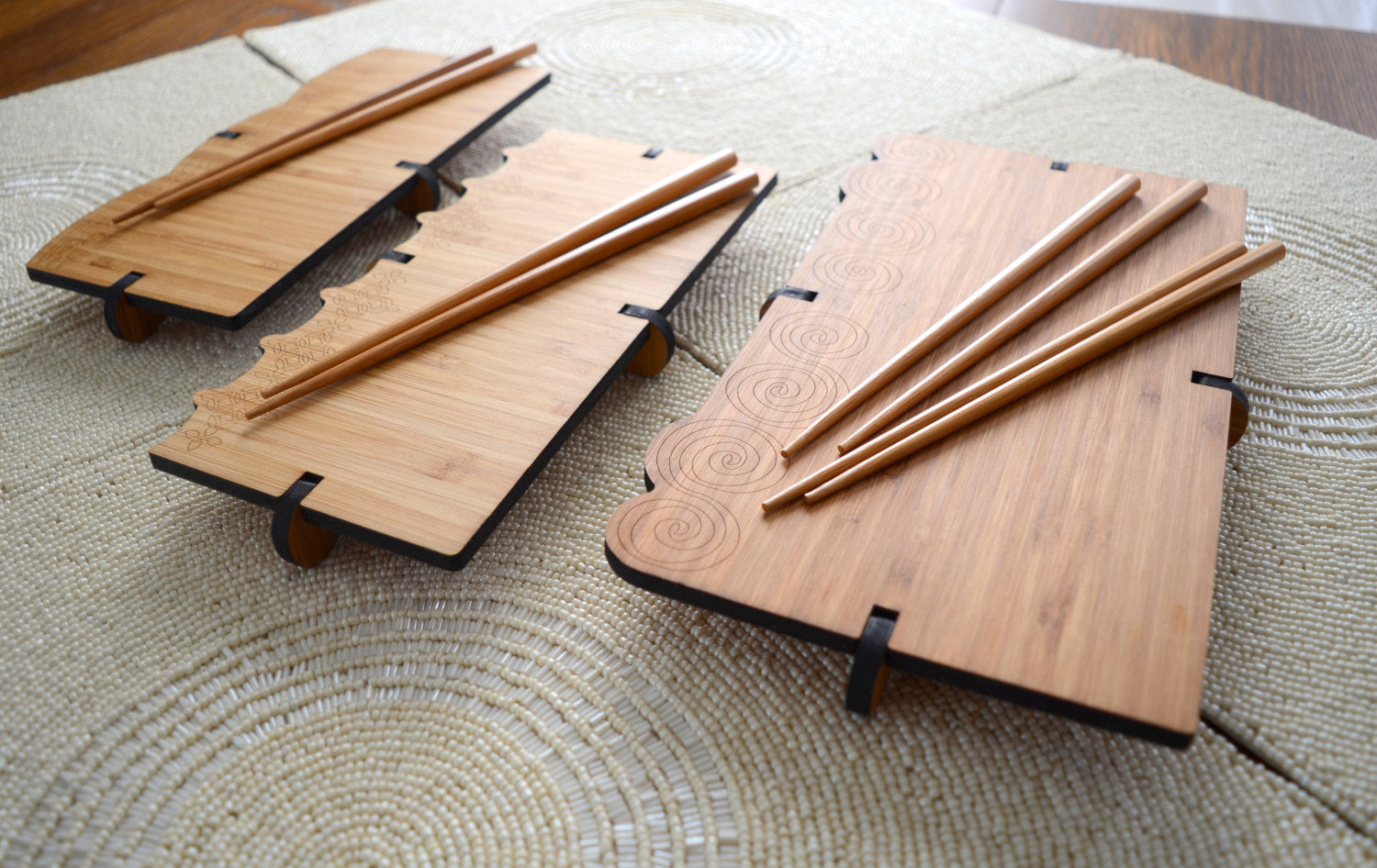 Engraved Bamboo Sushi Board with chopsticks These boards are made of three pieces that slot together. 