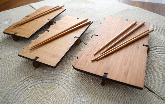 Engraved Bamboo Sushi Board with chopsticks These boards are made of three pieces that slot together. 