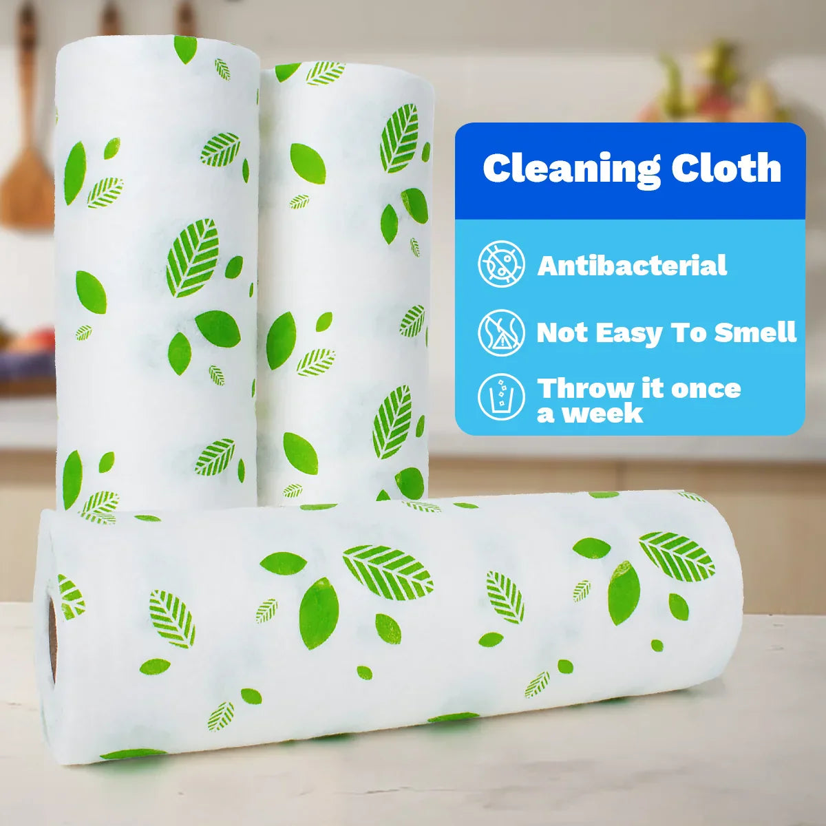 20 Pcs Reusable Bamboo Fiber Cleaning Cloths stacked in a roll on a kitchen countertop.