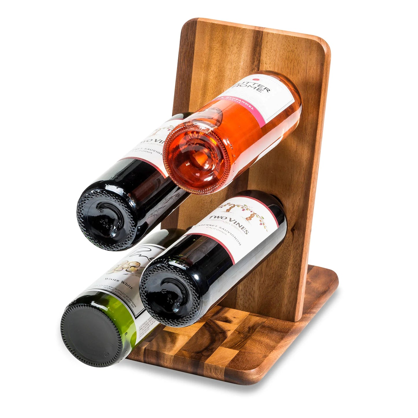 EcoNest Kitchen Floating Wine Bottle Holder - Stylish and Sustainable Wine Storage Solution. Made from environmentally friendly Acacia wood, this unique holder beautifully displays up to 4 wine bottles, utilizing vertical space efficiently. Distinctive grain design and compact 10.25" H x 7" W size. Easy to clean and assemble with included instructions and hardware. Ships from USA and Canada.
