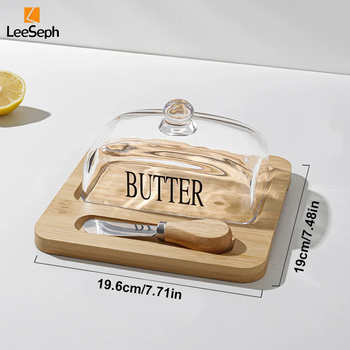 Leeseph bamboo butter dish with glass lid and cutter