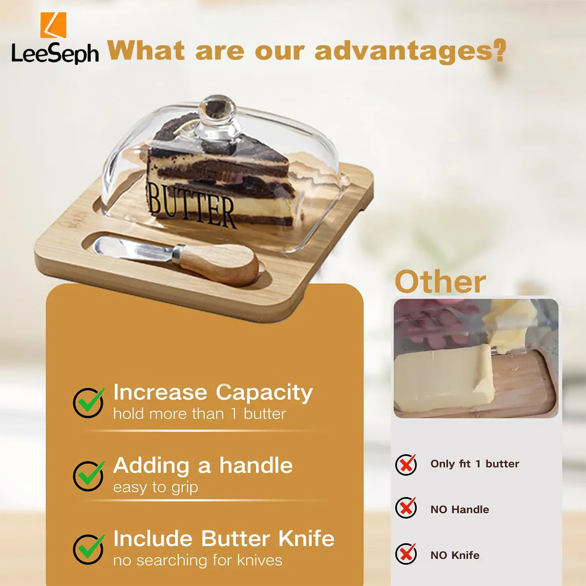 Leeseph bamboo butter dish with glass lid and cutter