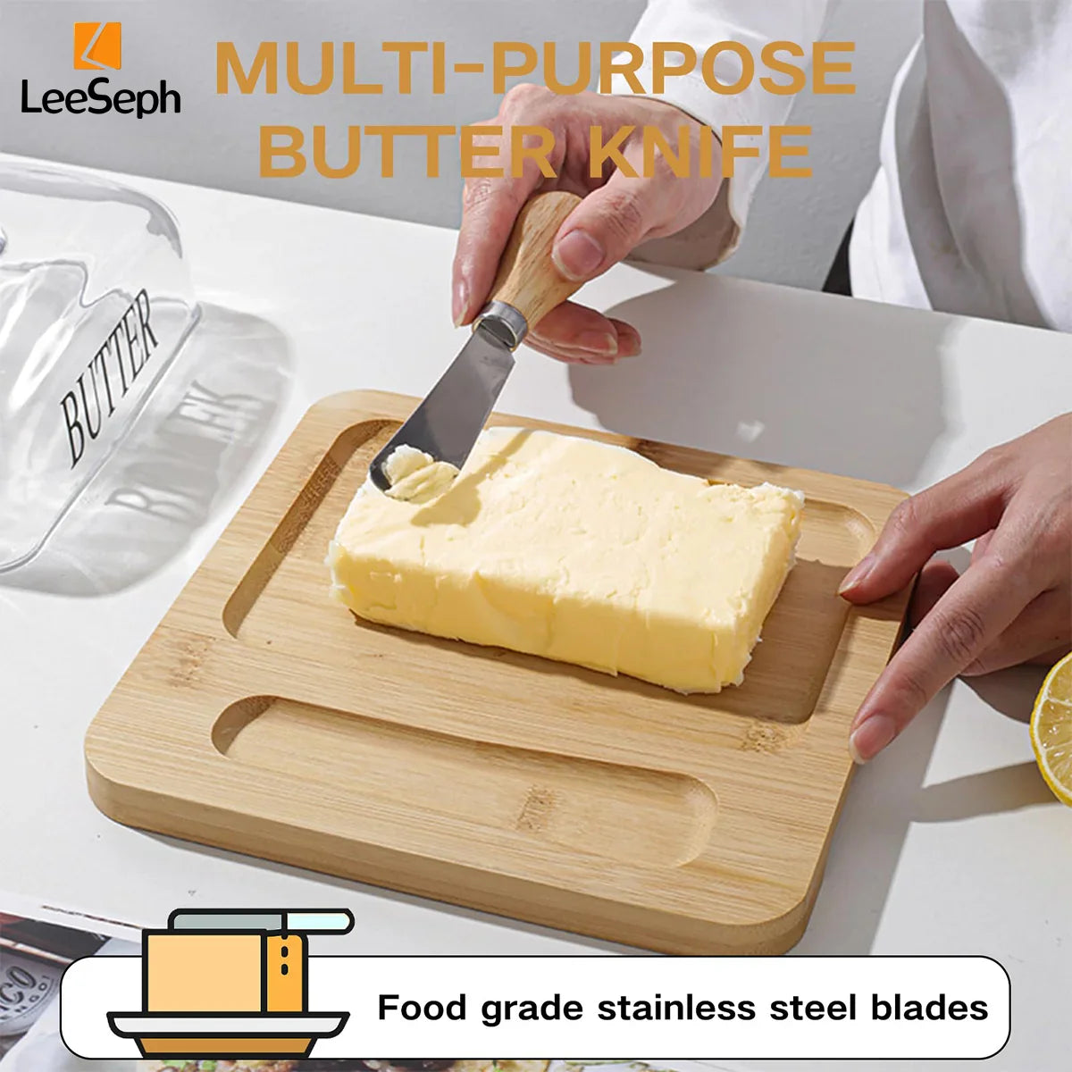 Leeseph bamboo butter dish with glass lid and cutter