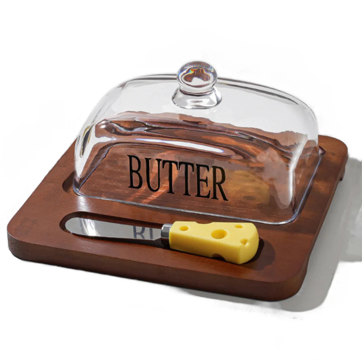 Leeseph bamboo butter dish with glass lid and cutter