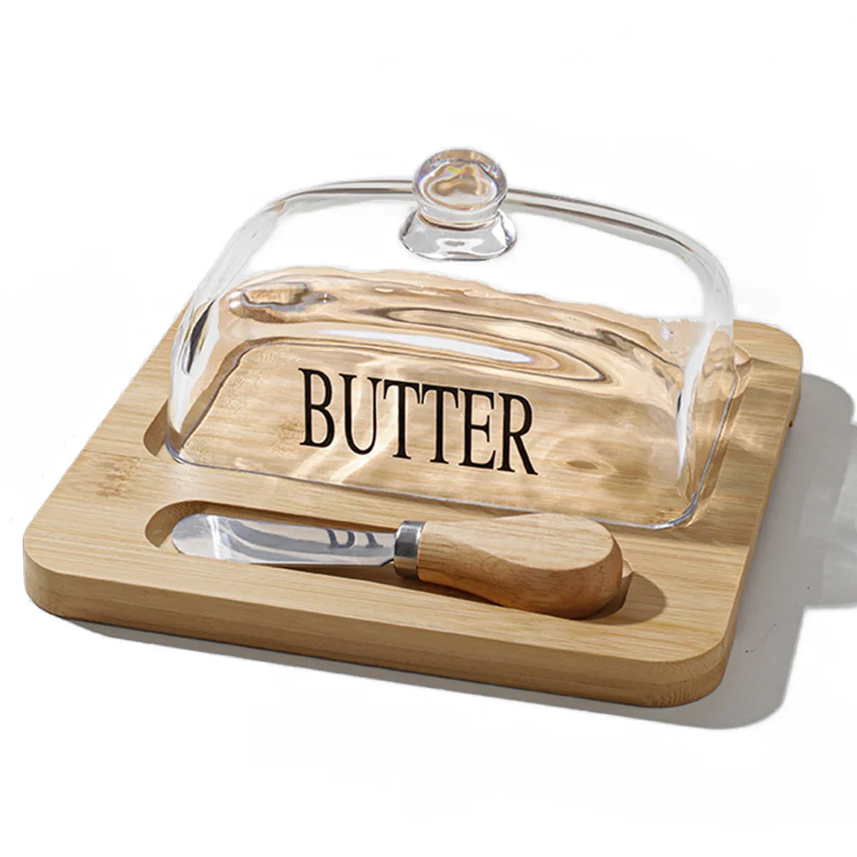 Leeseph bamboo butter dish with glass lid and cutter