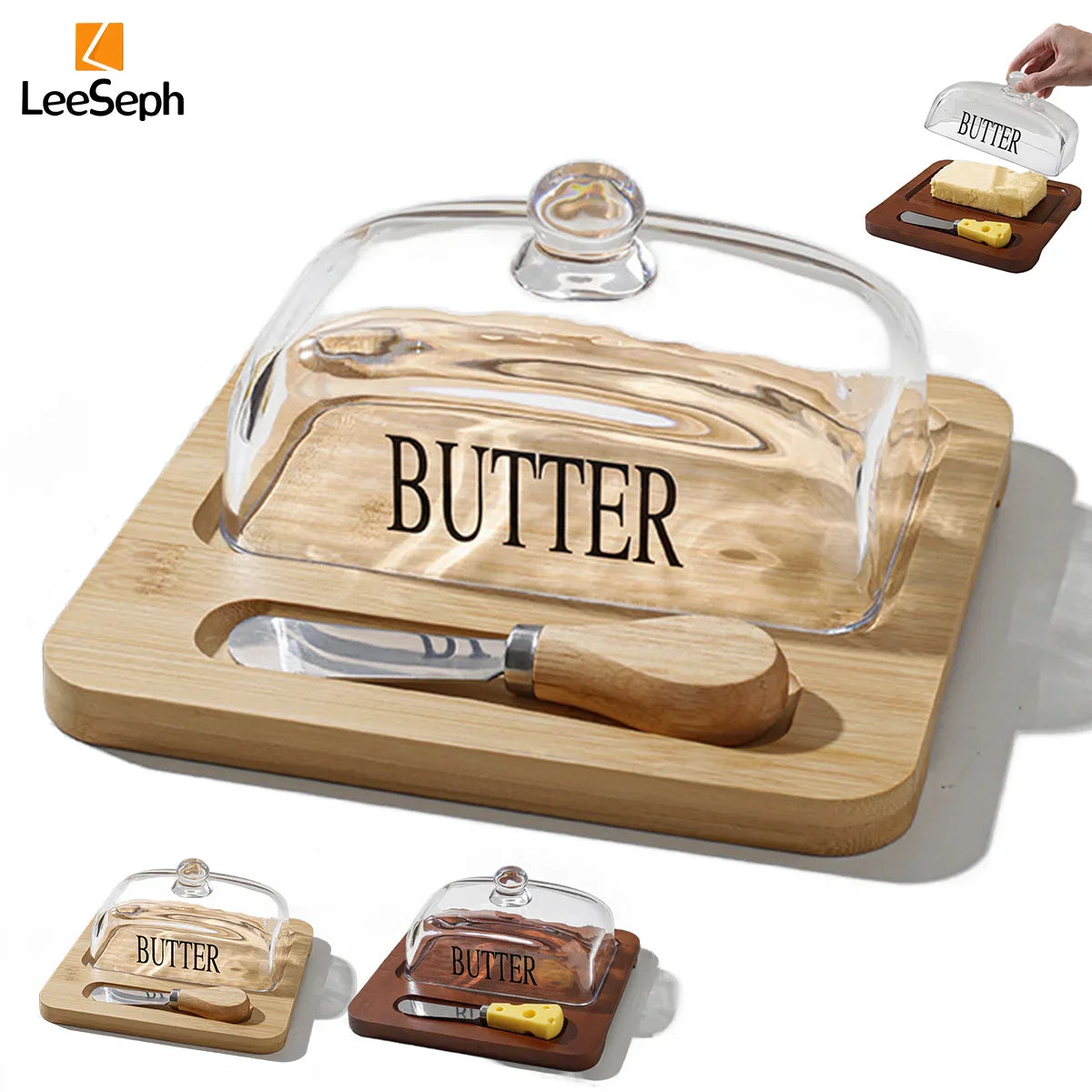 Leeseph bamboo butter dish with glass lid and cutter