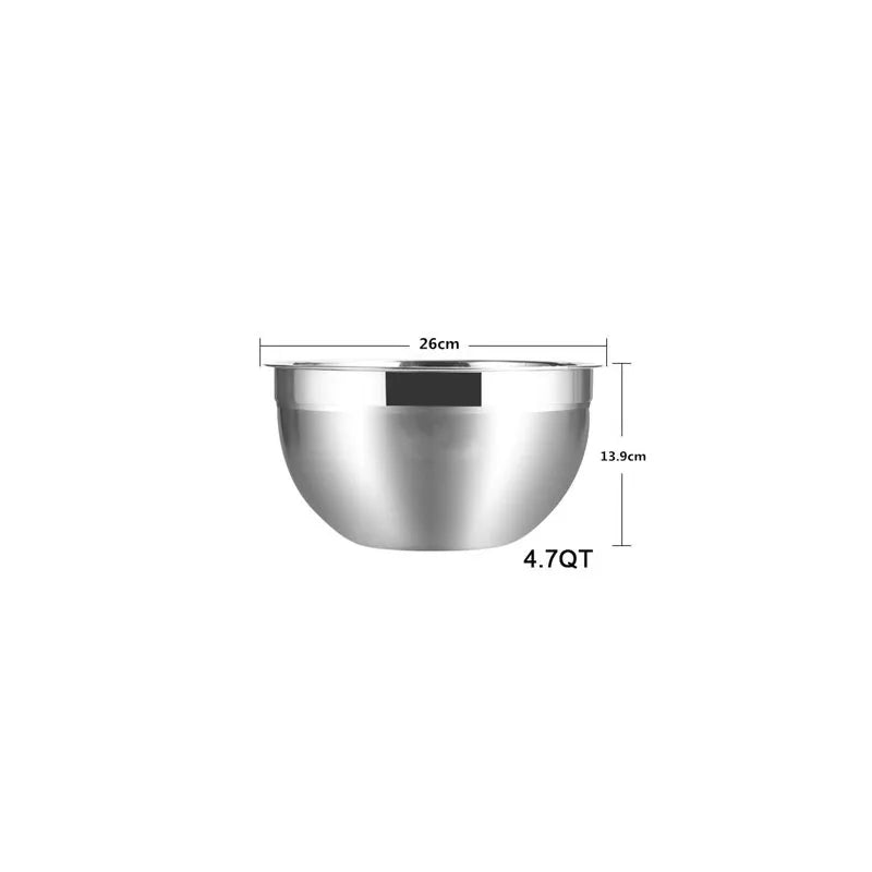 Stainless steel mixing bowl with dimensions and capacity on a white background