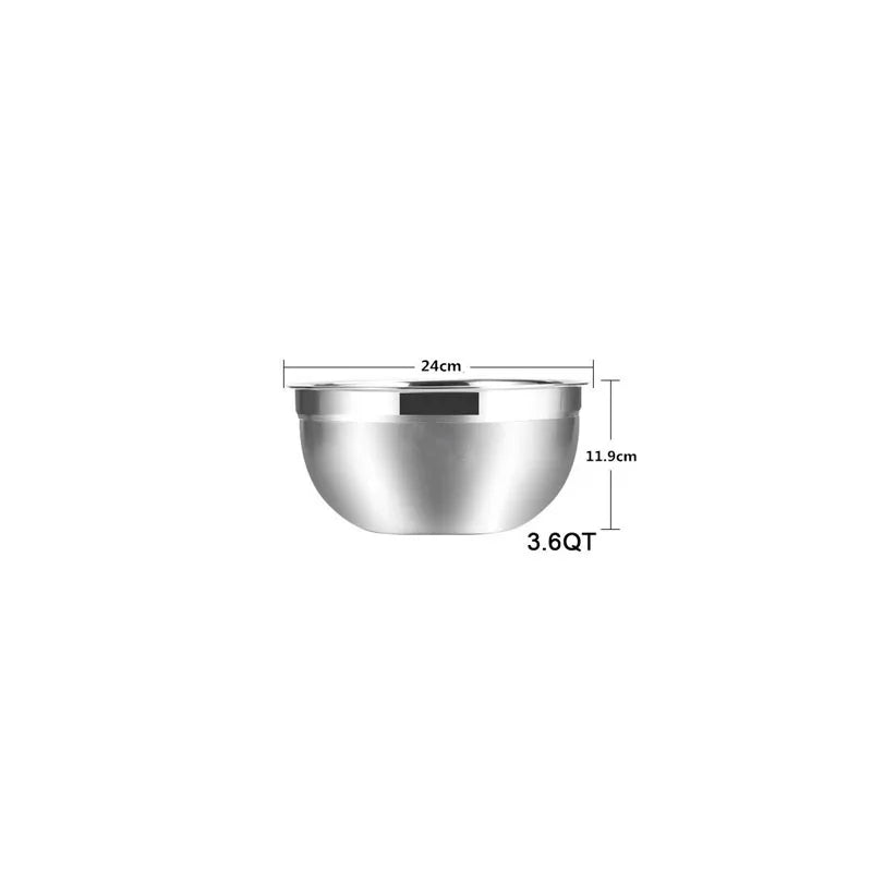 Stainless steel bowl with dimensions and capacity label on a white background