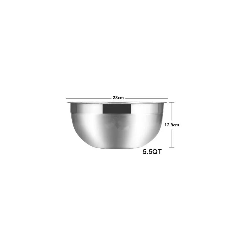 Stainless steel mixing bowl with dimensions on a white background