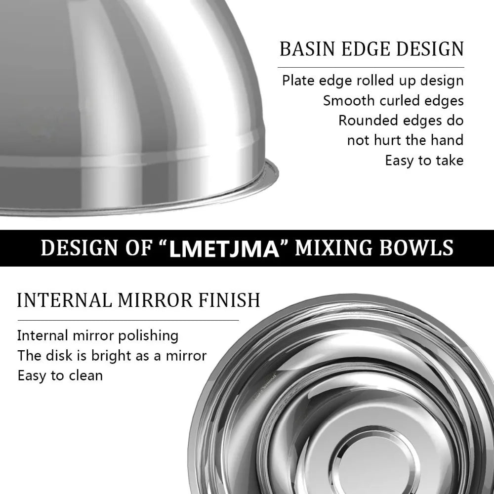 Metal mixing bowl with text describing basin edge design and internal mirror finish.