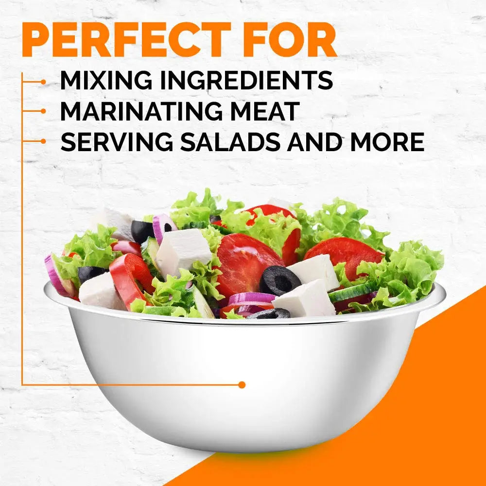 Bowl of salad with text about its uses on a white background