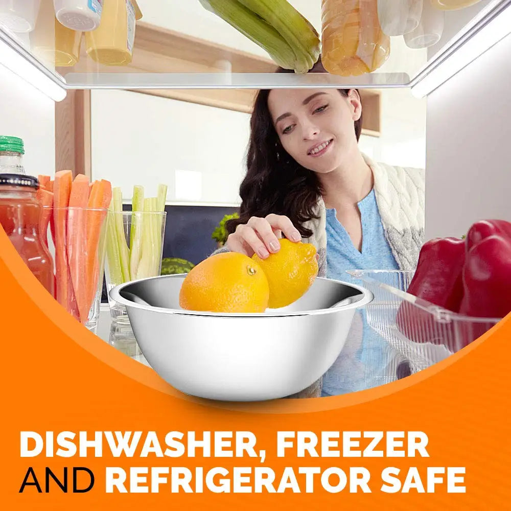 Woman selecting fruits from a refrigerator with text about dishwasher, freezer, and refrigerator safety.
