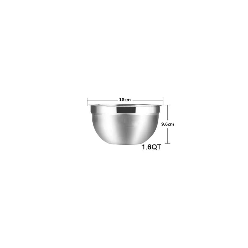 Stainless steel mixing bowl with dimensions on a white background