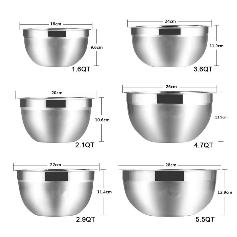 Set of stainless steel mixing bowls with measurements on a white background