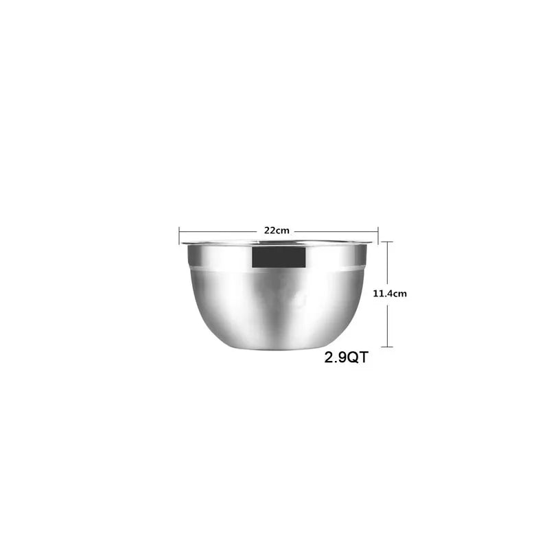 Stainless steel mixing bowl with dimensions and capacity label on a white background
