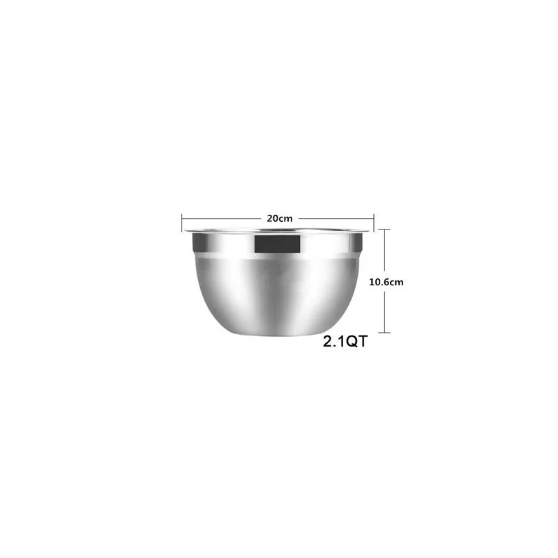Stainless steel mixing bowl with dimensions and capacity on a white background
