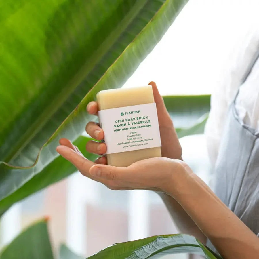 Hand holding a bar of soap with a plant in the background