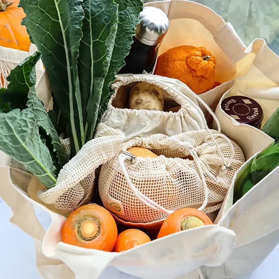 Assorted fresh vegetables in reusable mesh bags on a light background