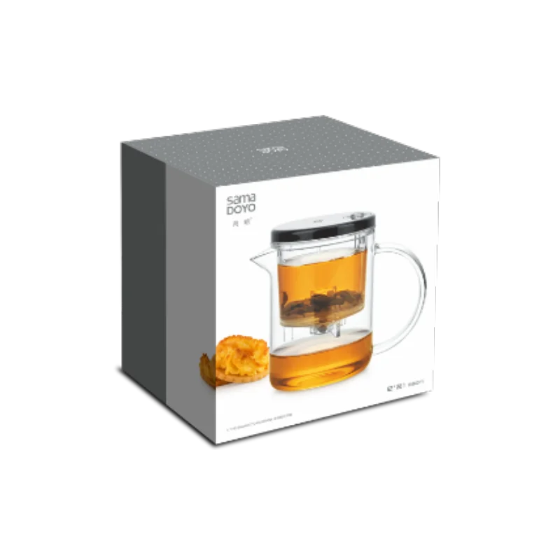 Tea set packaging with a glass teapot filled with tea and a lemon on a white background