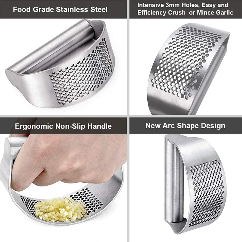 Stainless steel garlic press with features highlighted on a white background