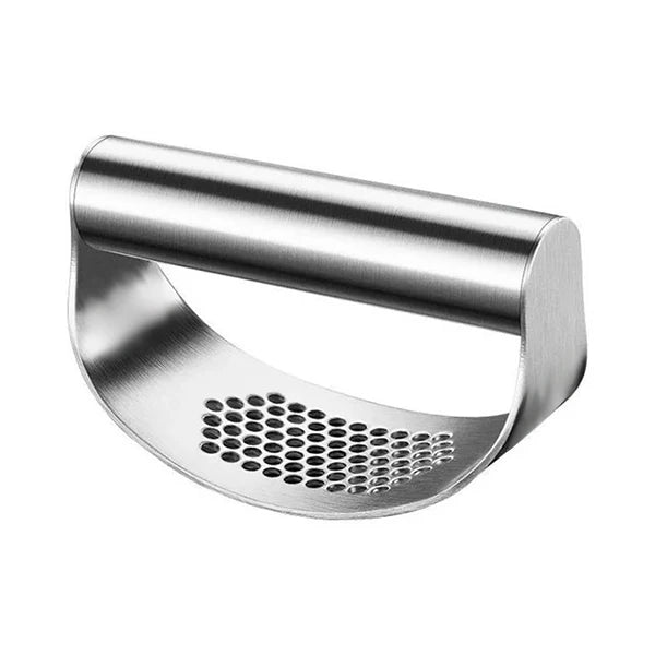 Stainless steel garlic press on a white background