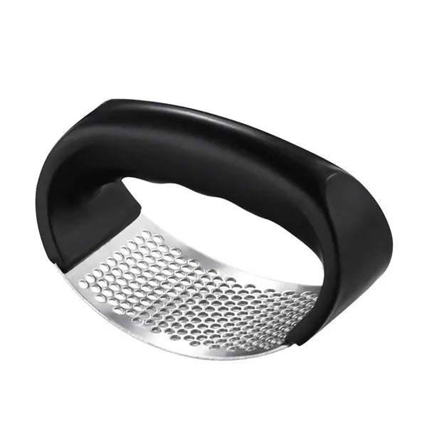 Black-handled metal grater on a white background