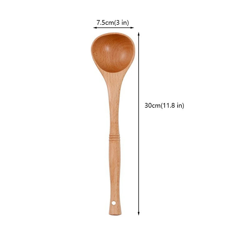 Natural wood kitchen utensils set including spatula and spoon for eco-friendly, non-stick cooking.