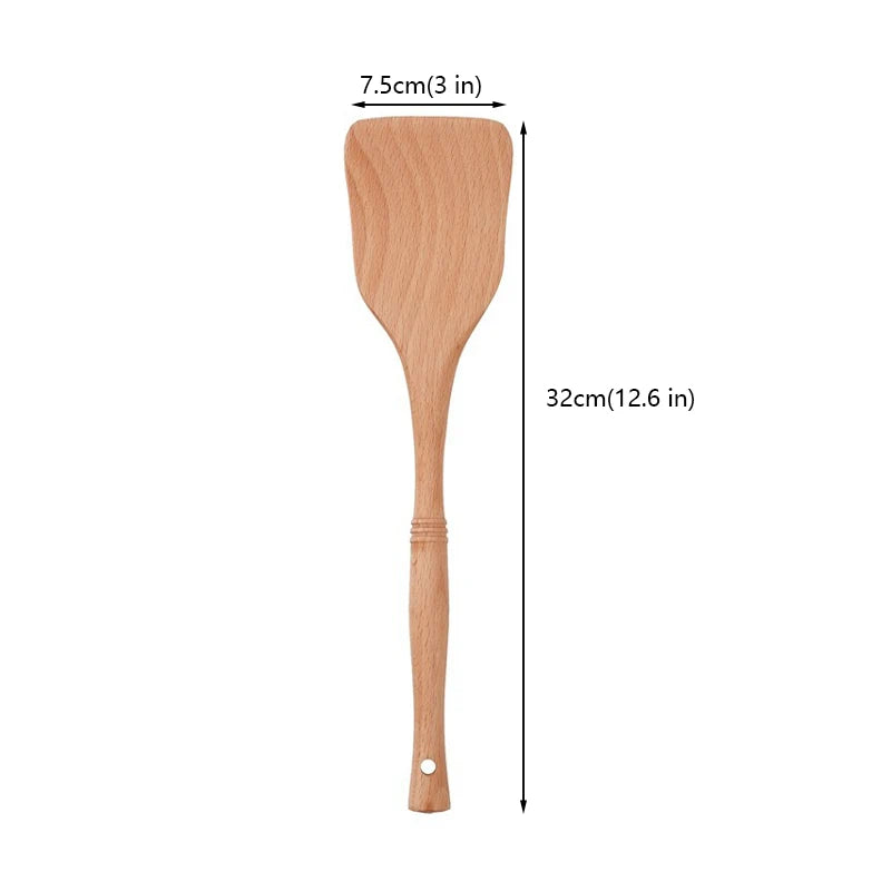 Natural wood kitchen utensils set including spatula and spoon for eco-friendly, non-stick cooking.