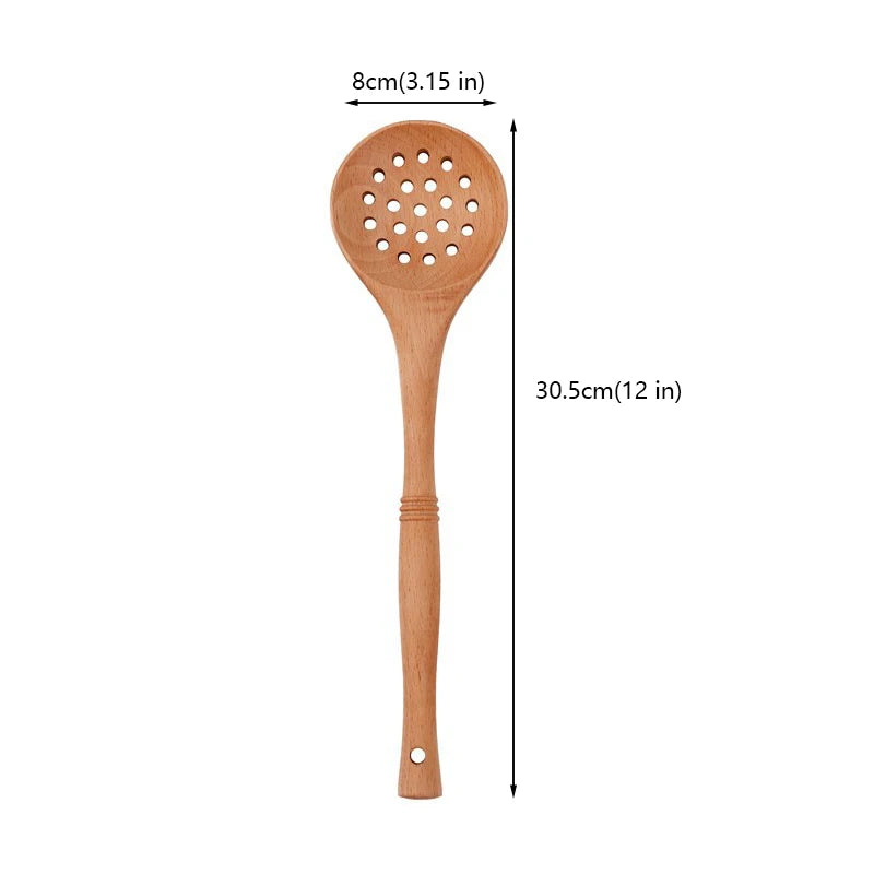Natural wood kitchen utensils set including spatula and spoon for eco-friendly, non-stick cooking.