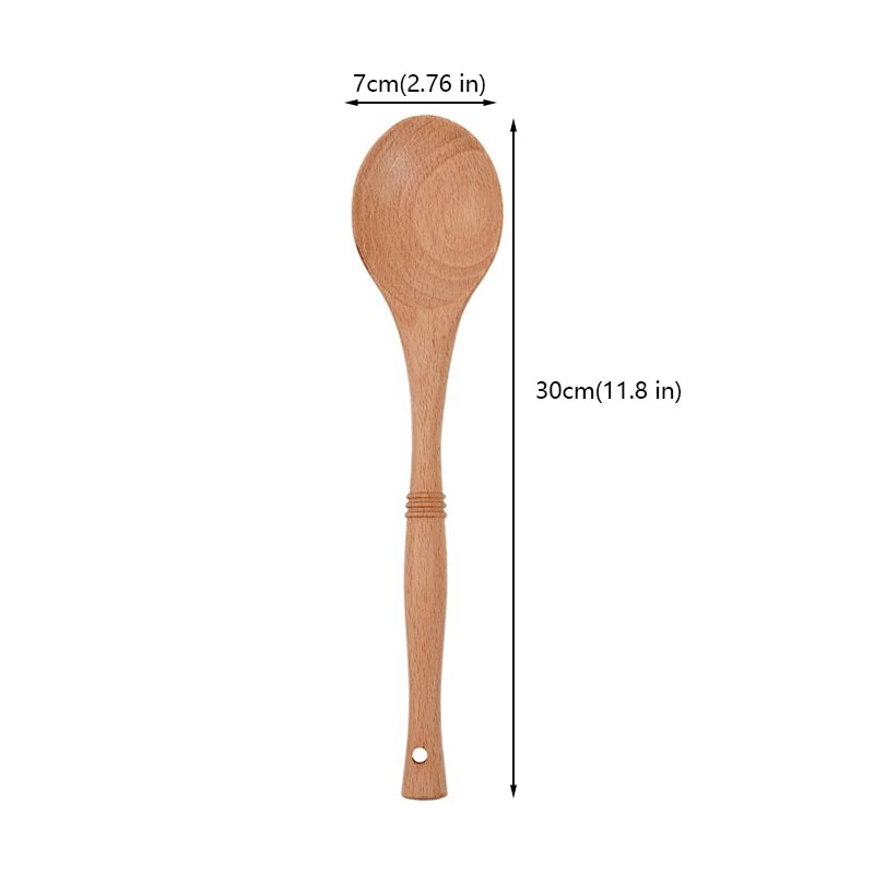 Natural wood kitchen utensils set including spatula and spoon for eco-friendly, non-stick cooking.
