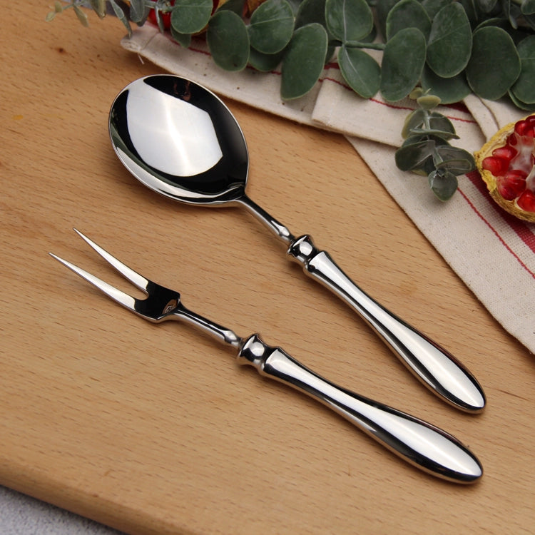 Stainless steel public meal sharing spoon and large meat fork set for BBQ, outdoor dining, and communal meals, with solid bar handle design.