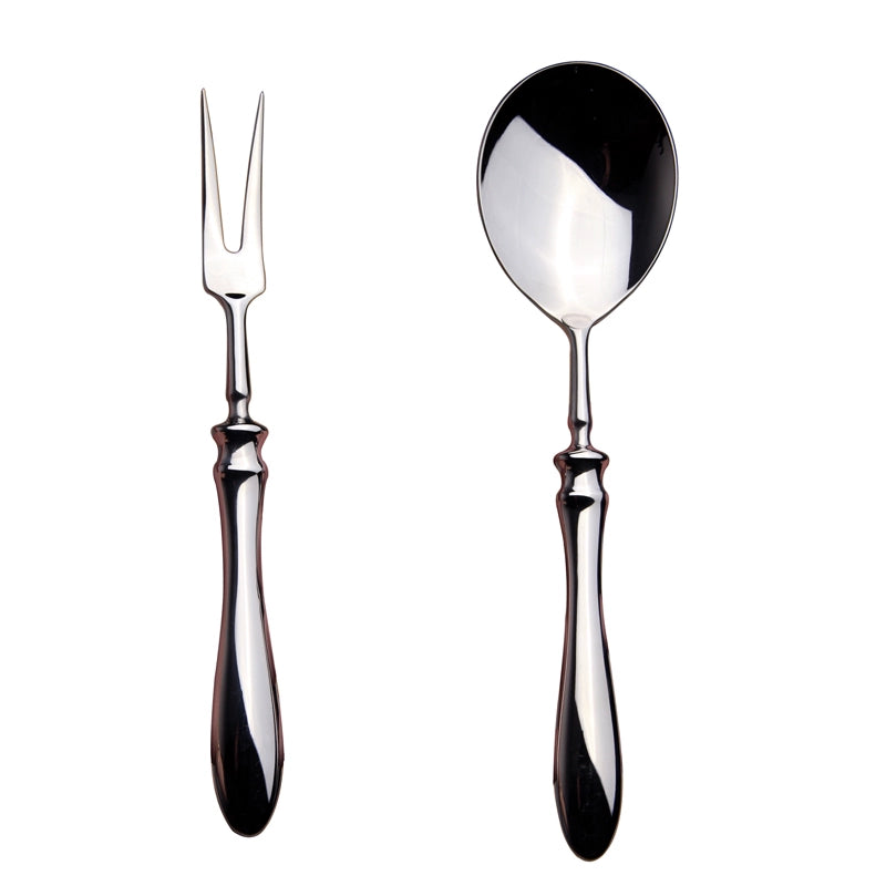Stainless steel public meal sharing spoon and large meat fork set for BBQ, outdoor dining, and communal meals, with solid bar handle design.